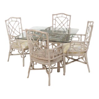 Chinese Chippendale Rattan and Leather Whitewashed Dining Set - 5 Pieces For Sale