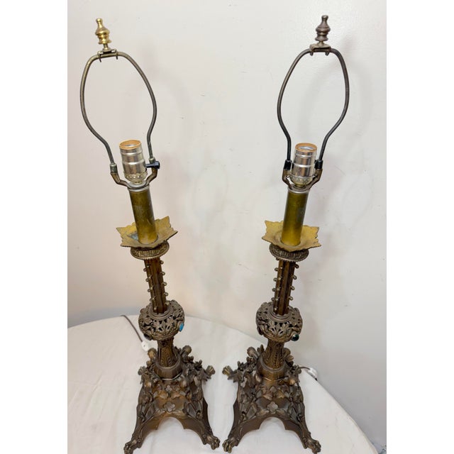 Antique 1800's Ornate Bronze Religious Candle Holder Electric Table Lamps - a Pair For Sale - Image 13 of 14