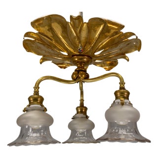 French Art Nouveau Brass and Glass Three-Light Flush Mount Ceiling Light, 1920 For Sale