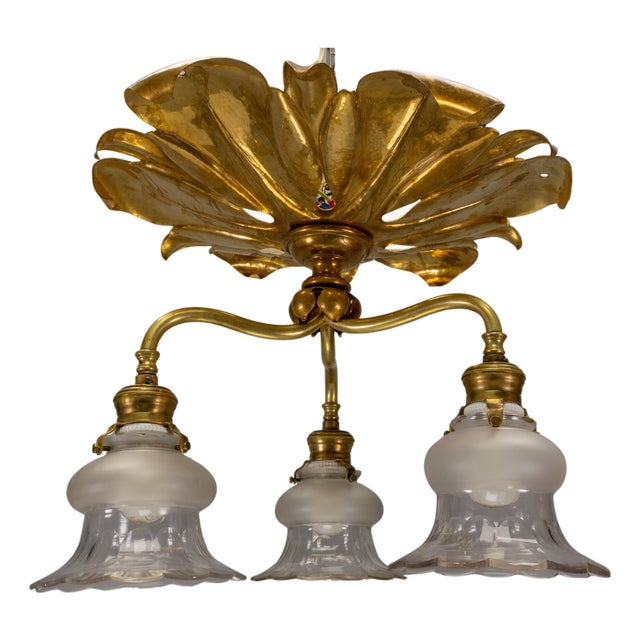 French Art Nouveau Brass and Glass Three-Light Flush Mount Ceiling Light, 1920 For Sale