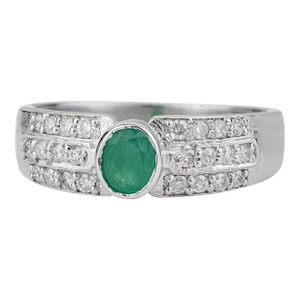 Classic Oval Emerald Diamond Statement Band Ring in Sterling Silver, Size 7