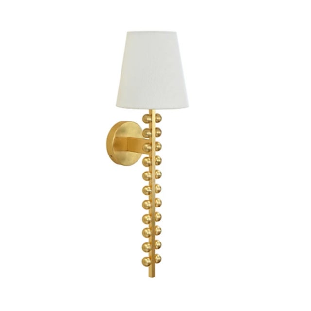 Contemporary Matthew Izzo Home Gino One Arm Gold Leaf Ball Lined Wall Sconce With Linen Shade For Sale - Image 3 of 6