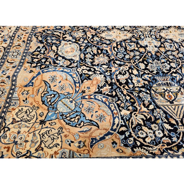 Vintage Nain Area Rug, Hand-Knotted Wool & Silk, Floral Pattern, 9x13, Navy & Ivory For Sale - Image 16 of 18