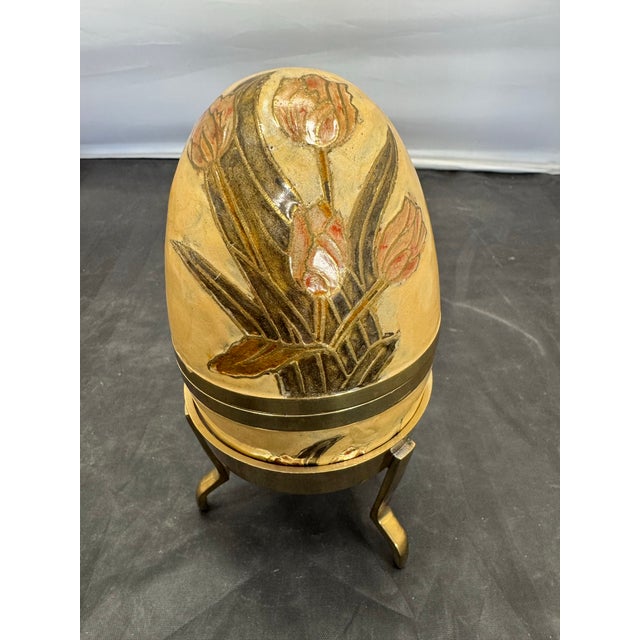 VTG Beige Gold Cloisonne Enamel Egg on Stand Trinket Box 6" Beautiful vintage decorative egg trinket box featuring floral...