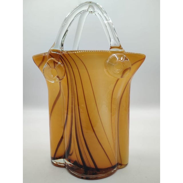 Mid-Century Modern Large Mid-Century Modern Sommerso Art Glass Basket Vase in Amber and Brown, 1970s For Sale - Image 3 of 12