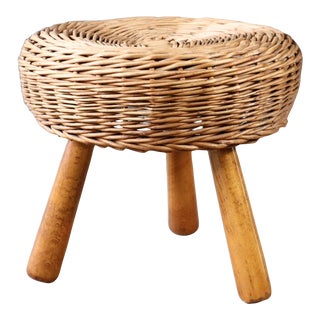 Vintage Tony Paul Wicker Rattan Foot Stool Woven Cane 50's 60's Retro Mid Century Modern Eclectic Boho Bamboo Basket Weave For Sale