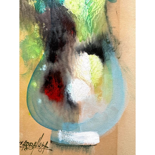 Blue 1940s Original Julio Carballosa Oil Painting Cuban Artist Abstract Still Life of Flowers in Vase For Sale - Image 8 of 12