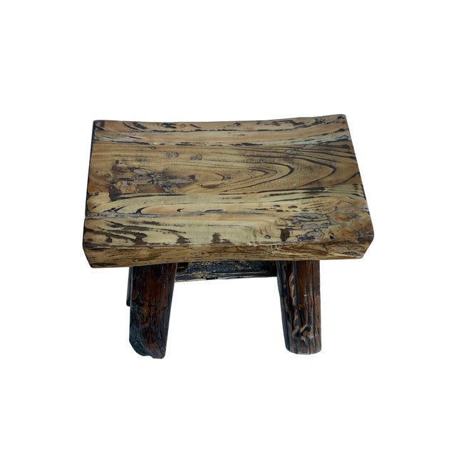 1960s Rustic Raw Rough Wood Grain Rectangle Slim Stool Bench Side Table For Sale - Image 5 of 6