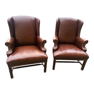 Pair of English Leather Chippendale Wing Club Chairs - Vintage Late 20th Century For Sale