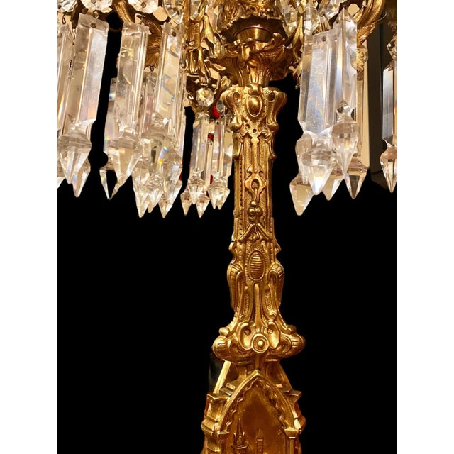Mid 19th Century Pair of Antique American Cornelius Gilt Bronze and Crystal Three Arm Candelabra For Sale - Image 5 of 10