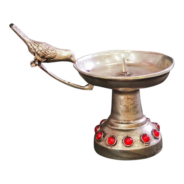 Metal Bird-Handled Altar Candle Holder With Red Jewels For Sale