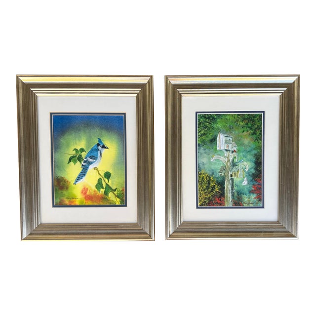 Late 20th Century Framed Colorful Painting of Blue Jay Bird & Birdhouse Signed - Pair For Sale