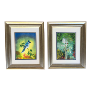 Late 20th Century Framed Colorful Painting of Blue Jay Bird & Birdhouse Signed - Pair