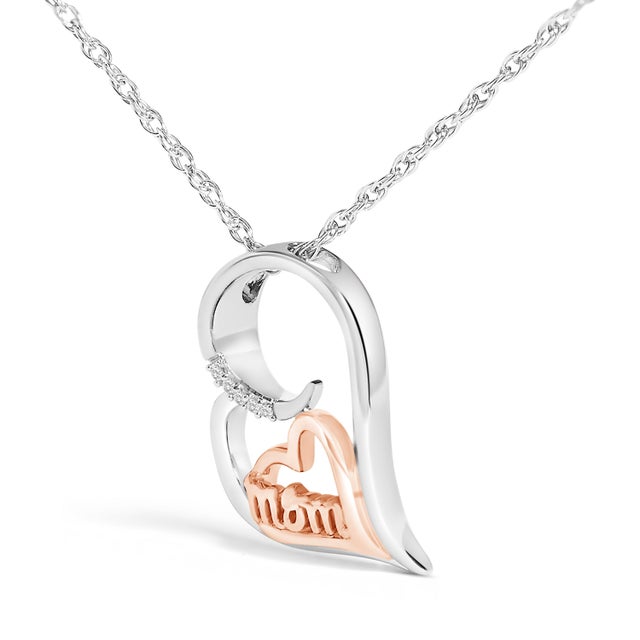 Contemporary 14K Rose Gold Plated Sterling Silver Diamond Accent Mom Heart Pendant Necklace For Sale - Image 3 of 5