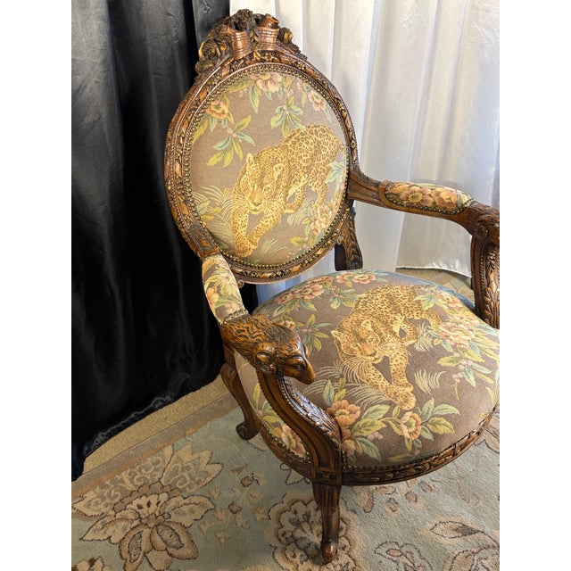 Wood Late 20th Century Ornate French Transitional Style Carved Ram's Head Armchair in Leopard Tapestry For Sale - Image 7 of 13