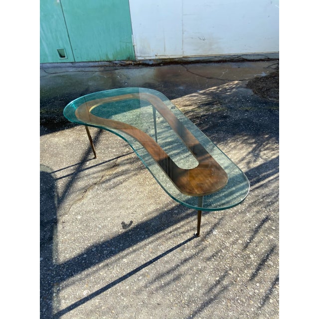 Rare Boomerang Coffee Table With Thick Glass Top + Tall Brass Legs | Mid Century Modern For Sale - Image 9 of 13