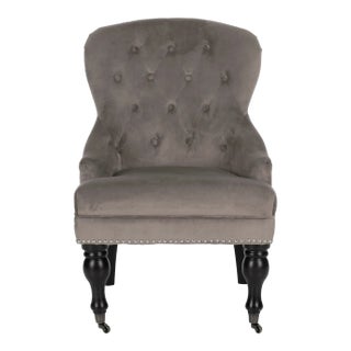 Tufted Armchair & Silver Nailheads in Mushroom Taupe & Java For Sale
