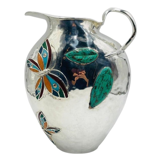 1980s Emilia Castillo Oversized Silver Pitcher With Stone Inlay, Taxco Silversmithing For Sale