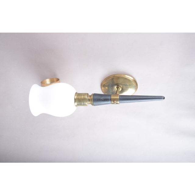 Black Lacquered Horn-Form Wall Lamp with Brass Mount and Opaline Glass Shade, 1950s For Sale - Image 4 of 8