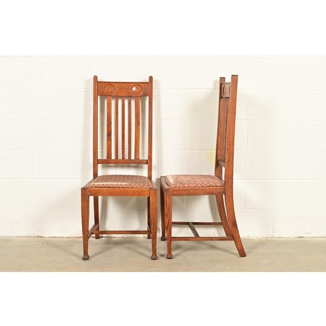 Stickley Brothers Style Antique English Arts & Crafts Carved Oak High Back Dining Chairs, Set of Four For Sale In South Bend - Image 6 of 8