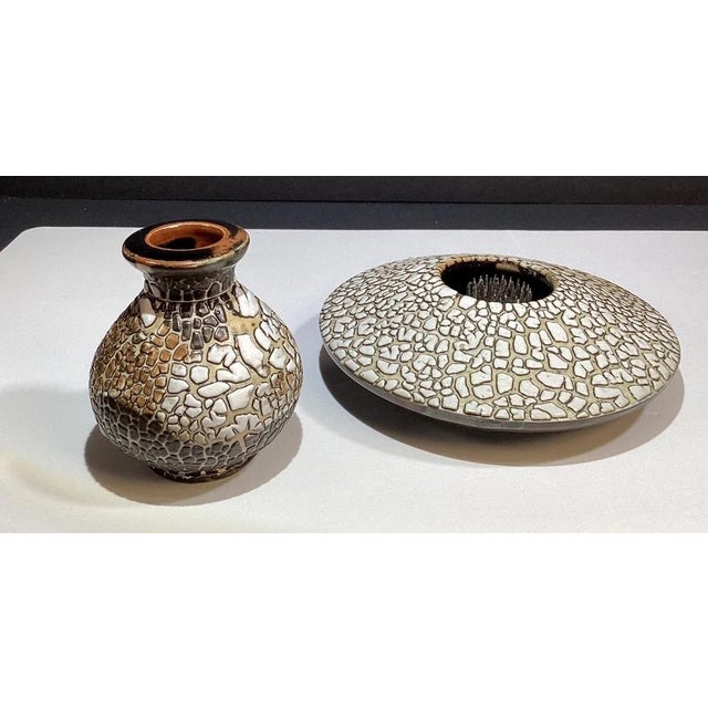 Handmade Studio Art Pottery Vase Set of 2, Signed “Mh,” Abstract Design For Sale In New York - Image 6 of 10