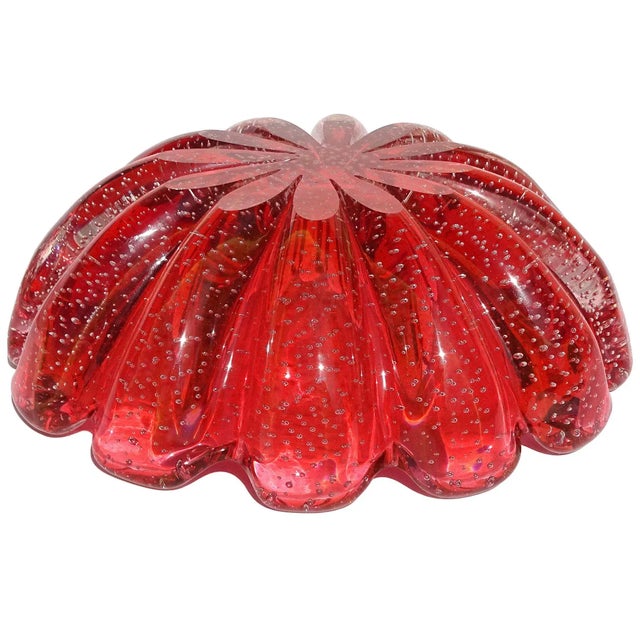 Vintage Murano Seguso Vetri d'Arte Sommerso Cranberry Red Bubbles Italian Art Glass Scallop Rim Bowl For Sale In Orlando - Image 6 of 6