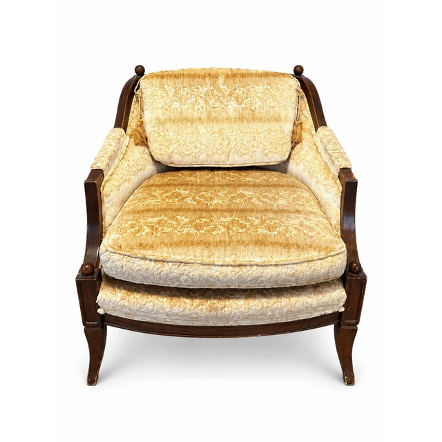 Vintage Hollywood Regency Gold Damask Barrel Lounge Chairs — Pair For Sale - Image 4 of 12