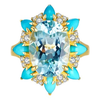 Kai Blue Topaz Turquoise Aquamarine Cocktail Ring in 14k Gold Ring, size 5.5 For Sale