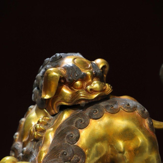 Gilt Bronze Guardian Lion Incense Burner – 9.5" Foo Dog Censer With Cub & Ball Motif For Sale In Los Angeles - Image 6 of 9