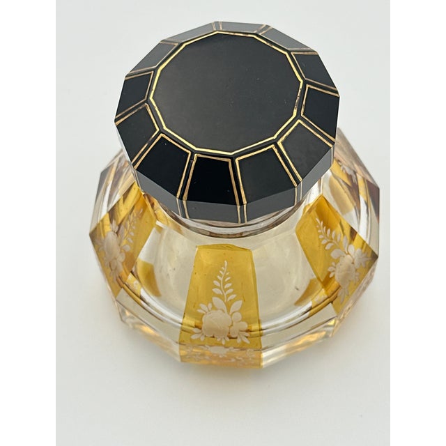 Vintage Glass & Enamel Inkwell – Octagonal Cut Glass With Black & Gold Hinged Lid – Decorative Desk or Vanity Accent For Sale - Image 4 of 8