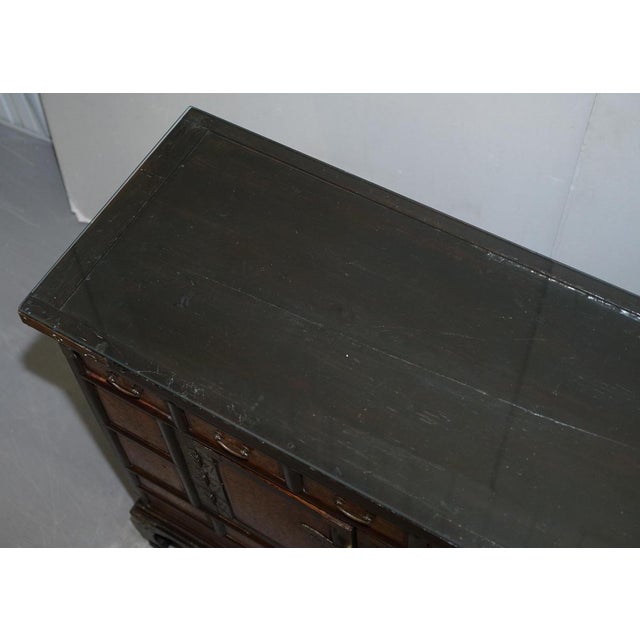 Antique Chinese Burr Elm & Brass Engraved Sideboard For Sale - Image 15 of 18