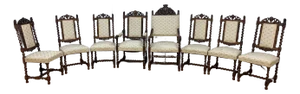 Antique French Jacobean Revival Renaissance Style Carved Dining Chairs - 8 Pieces