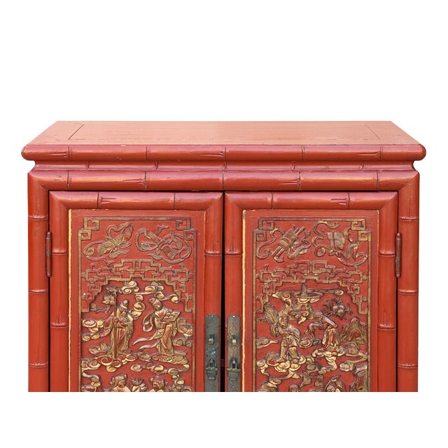 Brick Red Oriental Red Matte Golden Relief Carving Small Cabinet Chest For Sale - Image 8 of 13
