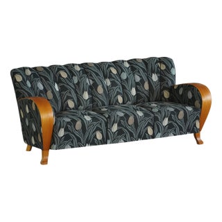 Danish Art Deco 3-Seater Sofa in Elm with Floral Upholstery, 1940s For Sale