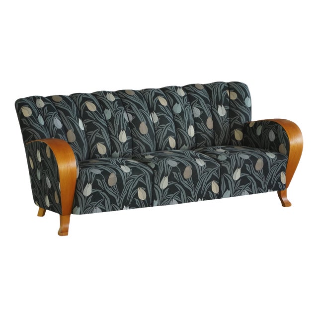 Danish Art Deco 3-Seater Sofa in Elm with Floral Upholstery, 1940s For Sale