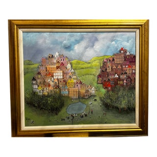 Late 20th Century Contemporary Whimsical 3d Relief Naive Folk Art Village Landscape Painting – Framed, 30" X 36" For Sale