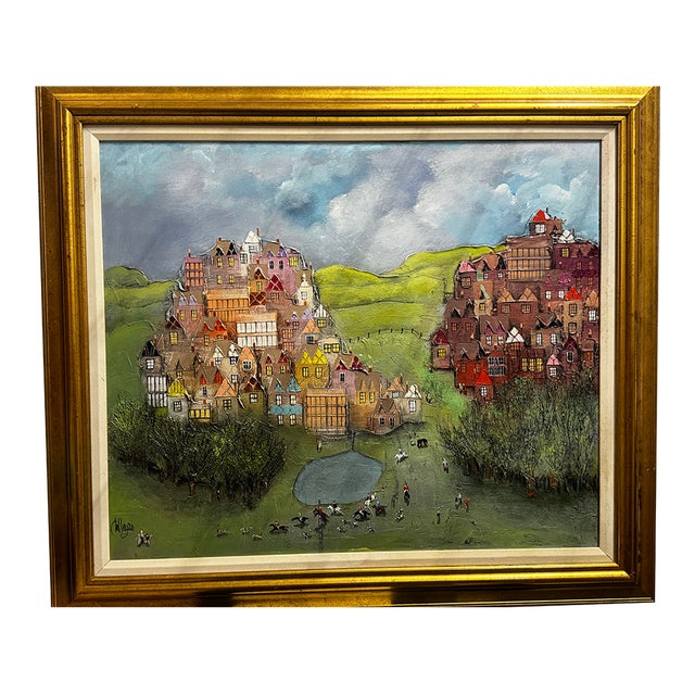 Late 20th Century Contemporary Whimsical 3d Relief Naive Folk Art Village Landscape Painting – Framed, 30" X 36" For Sale
