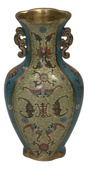 Vintage Cloisonné Vase Dragon Handles and Chinese Floral Motifs