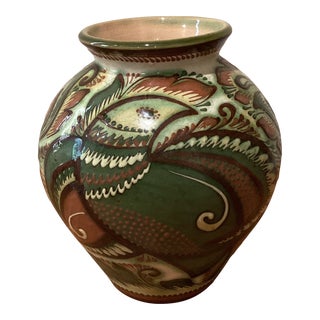 Vintage Art Pottery Ceramic Glazed Crackle Vase Signed For Sale