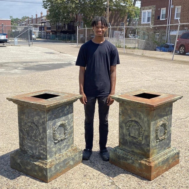 Vintage Neoclassical Style Cast Iron Wreath Design Garden Urn Planter Pedestal Bases - a Pair. Item features heavy cast...