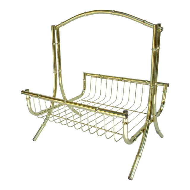 Vintage Mid-Century Modern Brass Bamboo-Style Magazine Stand, Book Holder For Sale