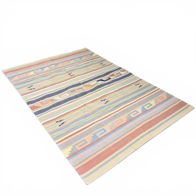 Tribal Handwoven Durrie Kilim Rug | 6' X 9' | Striped Tribal Design | Indian Flatweave Wool Rug For Sale - Image 3 of 5