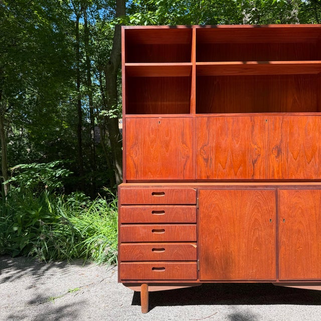 Mid-Century Modern Mid 20th Century Danish Modern Two-Piece Bookshelf With Drop-Down Secretary Desk Top For Sale - Image 3 of 12