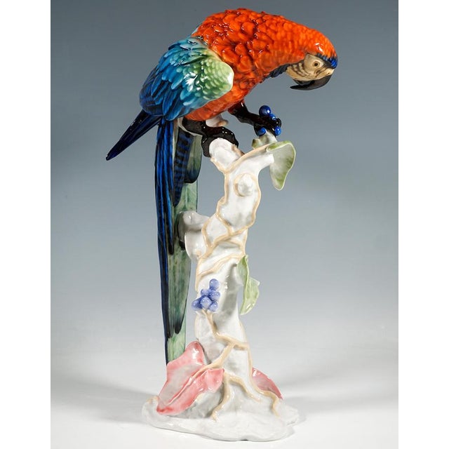 Highly decorative representation of a macaw perched on a tree trunk entwined with a climbing plant, leaning forward to...