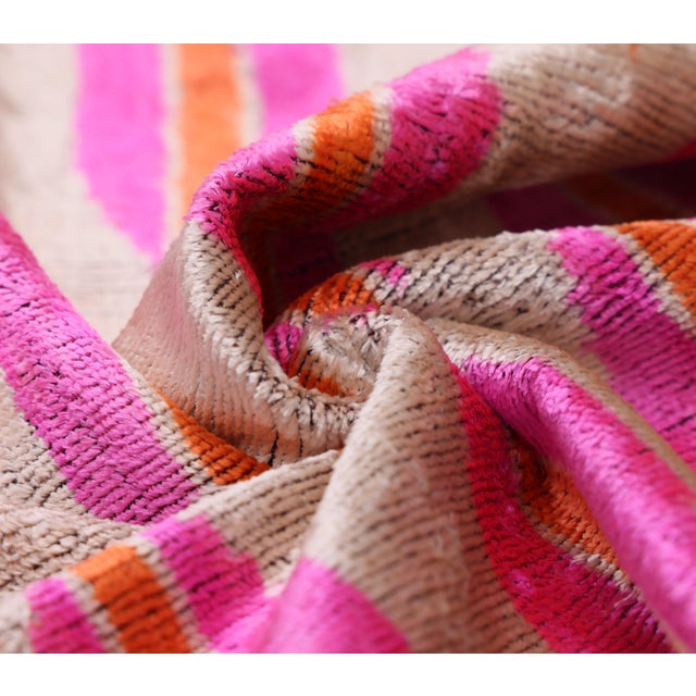2020s Hand-Knotted Silk Velvet Ikat Lumbar Pillow - 16x24 Fuchsia & Saffron For Sale - Image 5 of 7