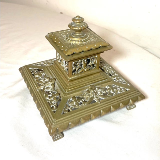 Antique Ornate 19th Century Victorian Gilt Bronze Brass Desk Inkwell Stand For Sale - Image 9 of 12