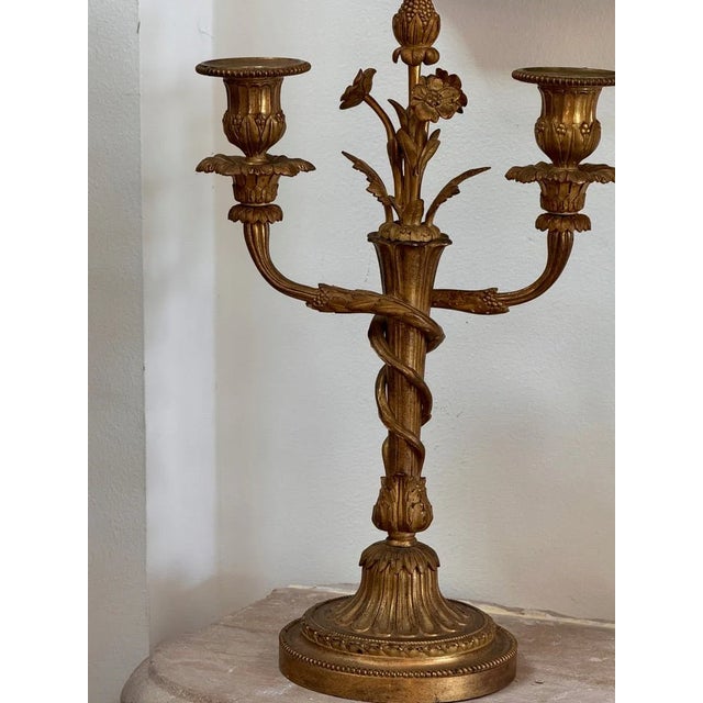 18th Century Pair of Rare Eugène Bazart Louis XVI Gilt Bronze Two-Light Candelabra For Sale - Image 4 of 8