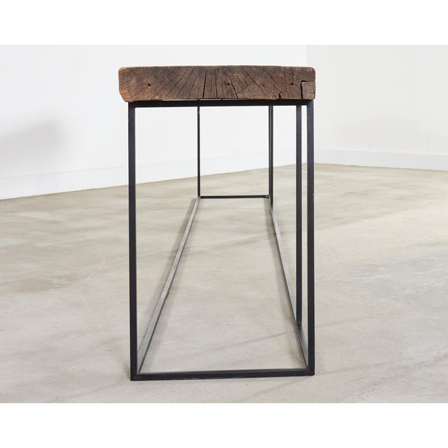 Monumental Reclaimed Wood Plank Top Iron Console 13.5 Ft For Sale - Image 4 of 18