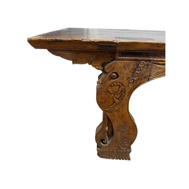 Wood Antique Chinese Carved Wood Altar Bench | Southern China | Fish & Dragon Folk Art | Late 19th C. For Sale - Image 7 of 11