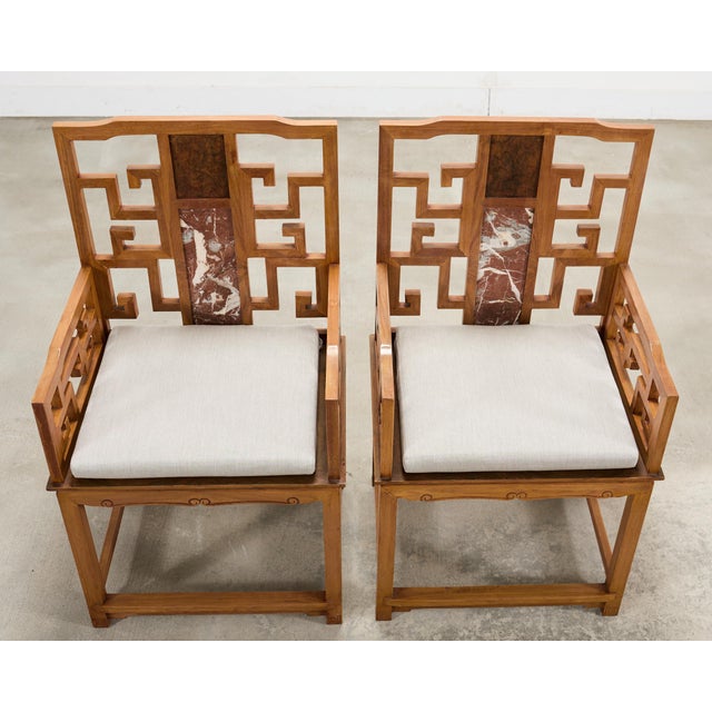 Mid 20th Century Pair of Chinese Ming Style Scholar's Armchairs With Marble Inset For Sale - Image 5 of 18